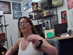 Big ass client rides bosss dick in POV at pawn shop office