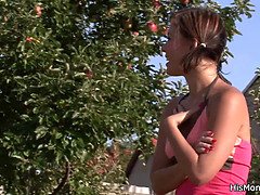 Watch this blonde step-mom get naughty with her young step-daughter outdoors