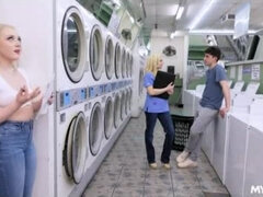 Threesome with laundromat milf owner and her daughter