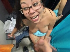Risky adventure in a clothing room: Naughty amateurs pulverize, suck, and nearly get caught!