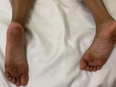 Black girl's messy feet get fucked by milky man while she masturbates