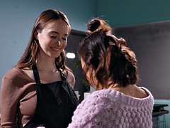 GIRLSWAY - Petite brunette passionately fucks her barista girlfriend Hazel Moore while she works