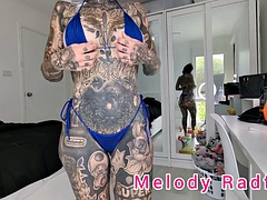 Trying on a Dark Blue and Light Blue Frilly Micro Bikini Haul Melody Radford