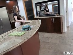 Buxom MILF Brianna Rose noticed that her stepson is horny so she welcomes him with a juicy blowjob in the kitchen.