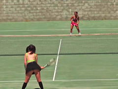 A pair of babe are playing tennis and also betting before having sex