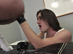 Hairy gay daddy gets his hairy butt fisted by a stud in gloves