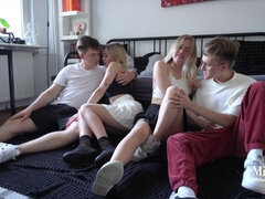 Blond Hair Ladies students banging in Foursome After College - MiraDavid x Lis Evans - Group Fucking