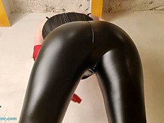 Dominatrix in black leather stretch pants dances - glorious amateur milf