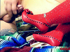 adore + pop-shot on Wild Pair Wedges With Sequined crimson Knee Socks