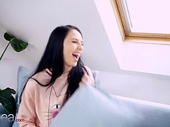 Pretty girlfriends hot lesbian sex Alyssa Bounty and Sabrisse pillow fight and eating pussy