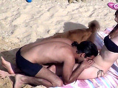 Naturists couples enjoy there sunbath in the bare beach