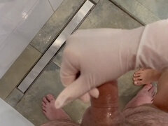 Bathroom handjob, douche, medical gloves