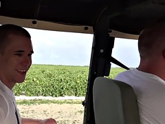 Military amateur stud fucks bareback outdoors in a military truck