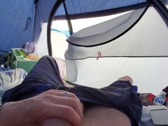 Johnholmesjunior risks it all with a daring public solo show in an open tent, while camping in BC and finishes with a hot cumshot!