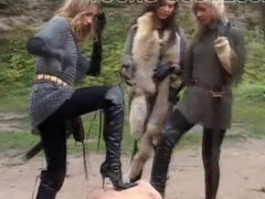 Medieval slave spitted kicked & smeared out outdoors by three femdom