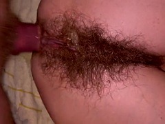 Slim and super hairy MILF does anal and squirts a lot