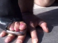 Chubby slave shoes stomped worships mistress' high heels outdoor