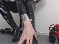 Newbie worshiping dominant cougar in thigh-high PVC boots ASMR