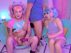Leana Lovings and Krissy Knight play video games and suck cock