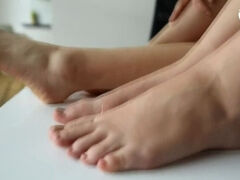 Foot size rivalry and comparing on workplace (office feet, big feet, small feet, foot teasing, toes)