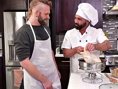 Fisting chef fists and fucks hairy gay guy during food fetish sex