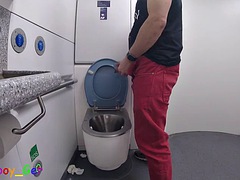 I pee then jerk off my hot cock in the bathroom of a moving train