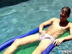 stellar blondie twink Patrick wanks off his spear by outdoor pool