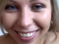 Smiling Euro cutie fucked as she strokes a second dick