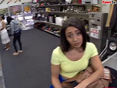 Big pawnshop Latina shows asshole while riding cock