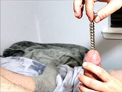 Urethral screw Sounding with jizz flow as Sound Gets Dropped & Lost inside!