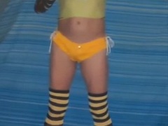 I swapped my tights for my black and yellow sock stockings and my little yellow shorts without panties.