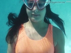 Flexible brunette babe Micha shows off her gymnastics skills underwater