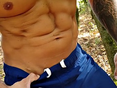 Muscular amateur tattooed stud jerks off dick outdoors solo
