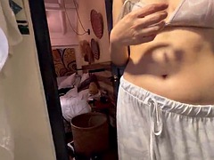 My stepmom says no, but her wet vagina says I see her moan and cum in the mirror