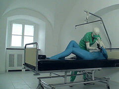 Sexy girl total Encased In Blue latex Catsuit + Condom Mask And Hard Fucked