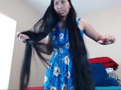 Attractive Long Haired Asiatic Striptease and Hairplay