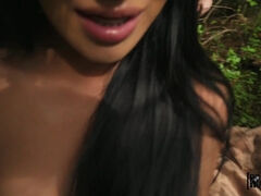 Long-haired slut with natural tits pleasuring Tony in the woods