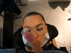 Public Blowjob in a Clothing Store. A Young Baby With Glasses Swallows Cum.