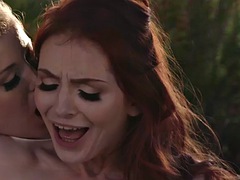 Red-haired lesbian with hairy pussy in high heels gets her pussy licked on the street