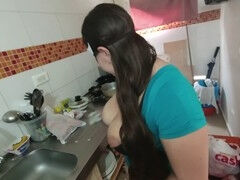 Desi stepsister with big naturals gives brother a blowjob during house chores