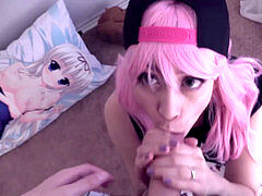 Busting A testicles On Her Face - pink Hair point of view Blowjob And Facial