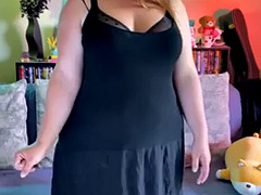 Extreme orgasms with WeVibe plus Hitachi - Black dress striptease - BBW 38G Torpedo tits and thong - Plus size model