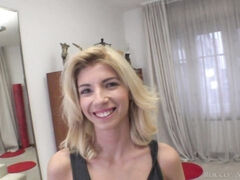 Lovely young blonde Missy Luv is sucking a dick with a smile
