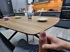 Stepsis noticed me masturbating my big cock under the table