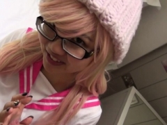 Asiatic schoolgirl with pink hair gives awesome fellation