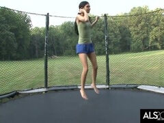 Slender doll is on the trampoline when she cums