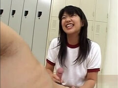 Asian school girl down on her knees and gives head