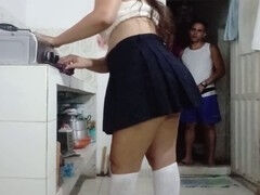 Naughty stepdad enjoys rimming his schoolgirl stepdaughter while doing dishes and fills her tight ass with his load