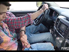 youthful Twink Stepson Austin And His stepfather screw Outdoors While Driving To Cabin