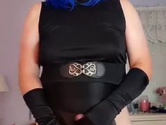 Blue haired granny tranny covered in satin!